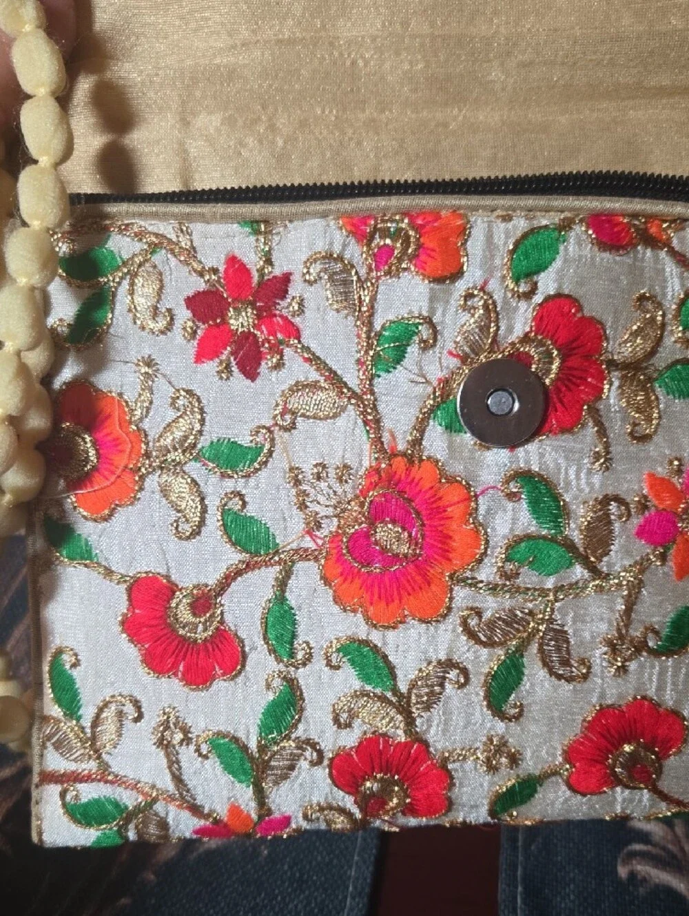 Embroidered Silk Brocade Floral Envelope Clutch - Cord Trim And iGold Lining.